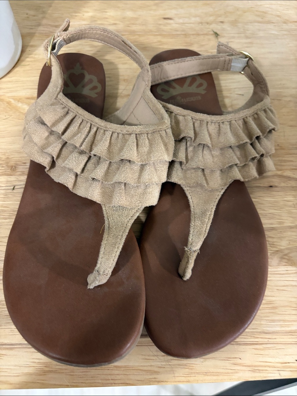 Ruffle Thong Slingback Sandals in Tan
